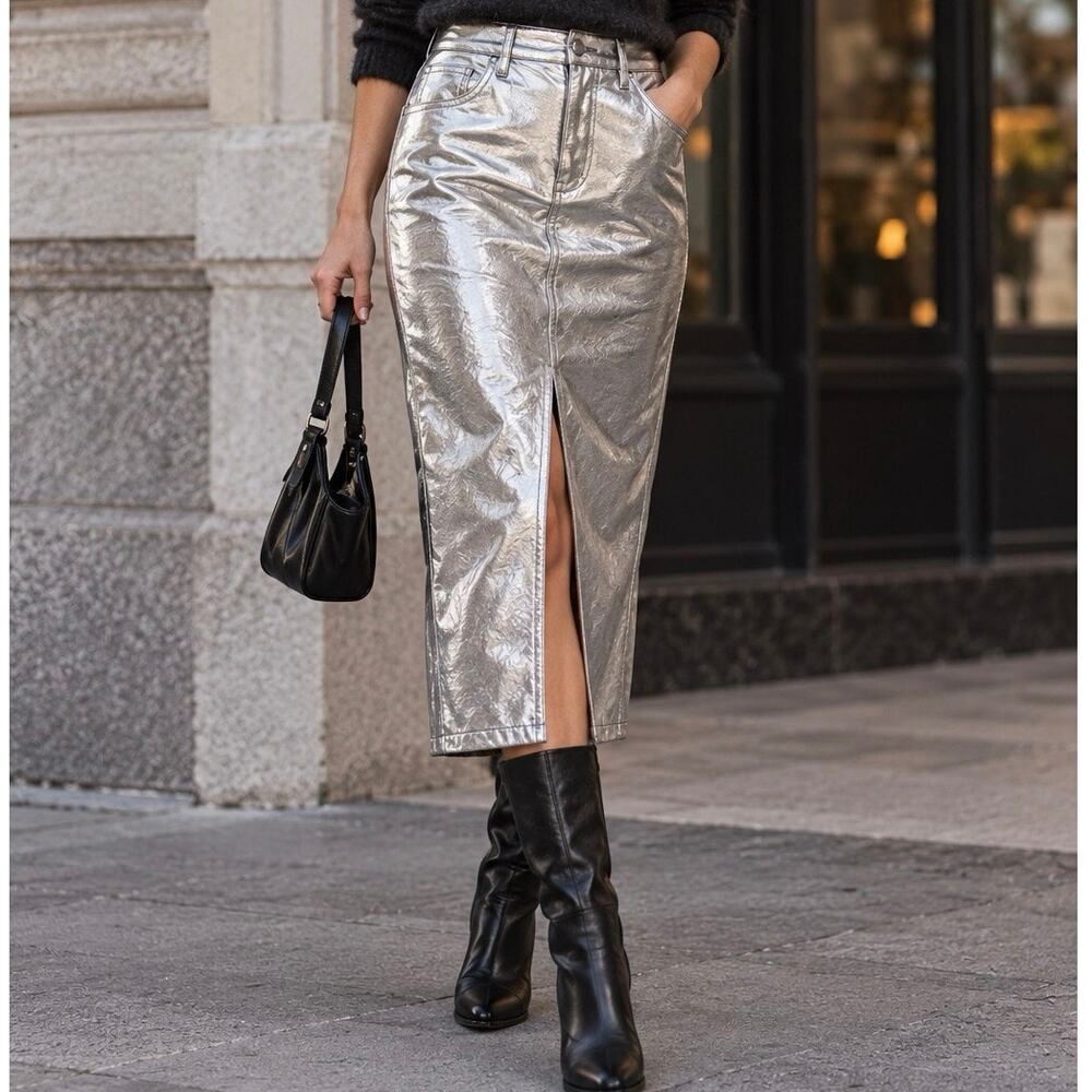 J. Crew Metallic Silver Faux Denim Midi Pencil Skirt High Slit Size 29 Boho